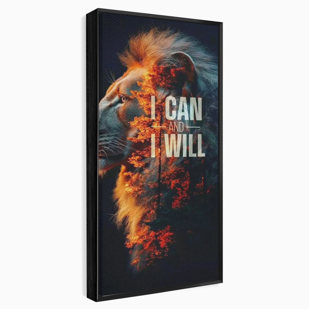 Tablou canvas cu tablou canvas cu leu si padure aprinsa, in rama de aluminiu negru