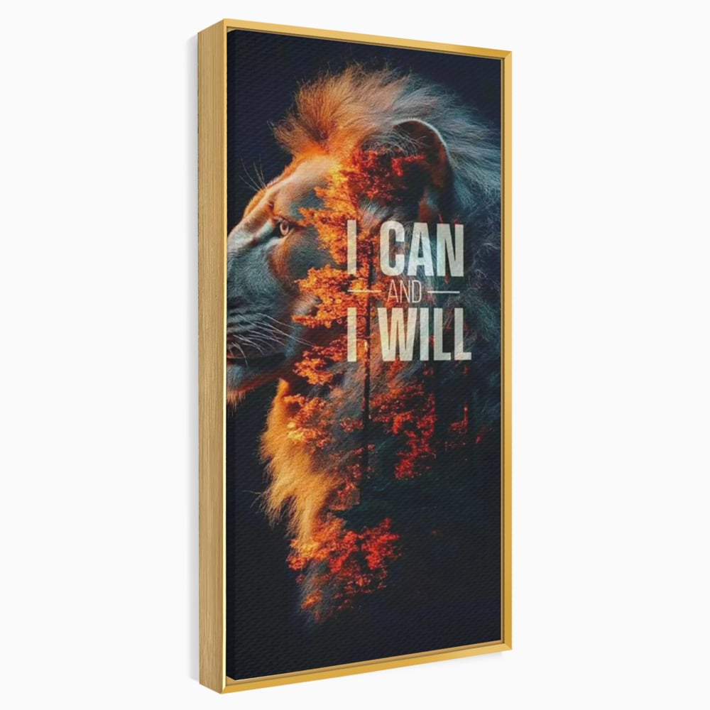Tablou canvas cu tablou canvas cu leu si padure aprinsa, in rama de aluminiu auriu