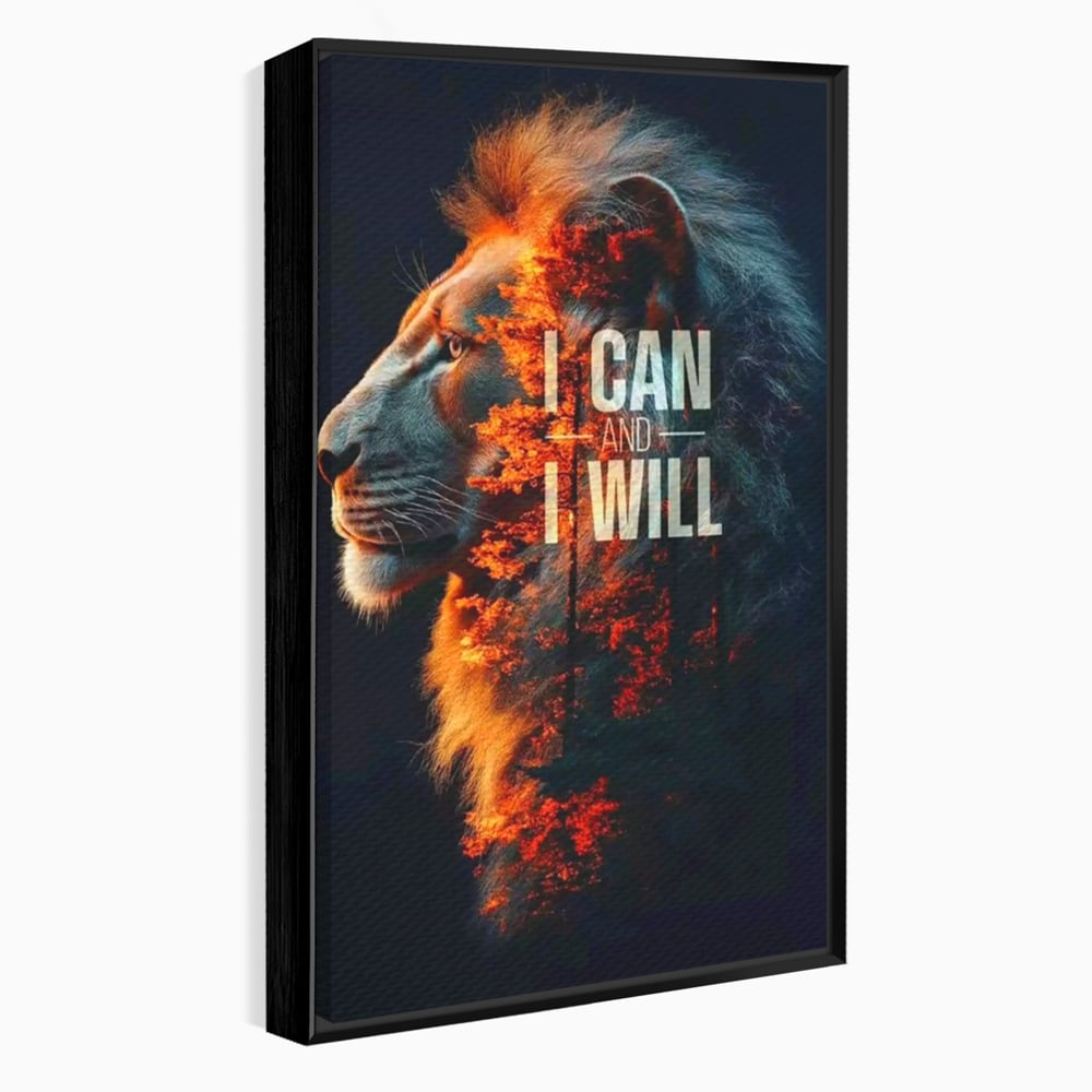 Tablou canvas cu tablou canvas cu leu si padure aprinsa, in rama de aluminiu negru
