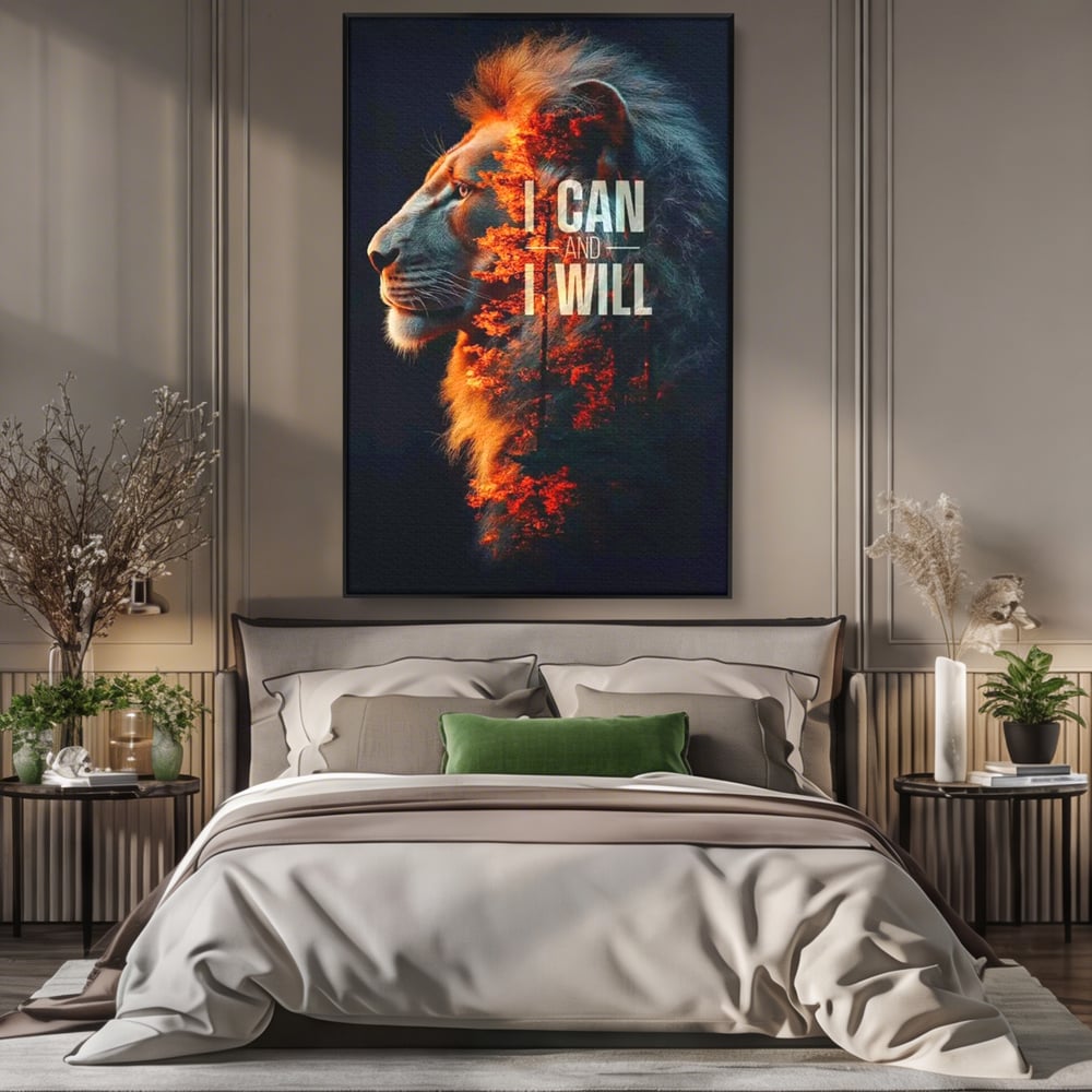 Tablou canvas cu tablou canvas cu leu si padure aprinsa, in rama de aluminiu negru, pe perete intr-un dormitor