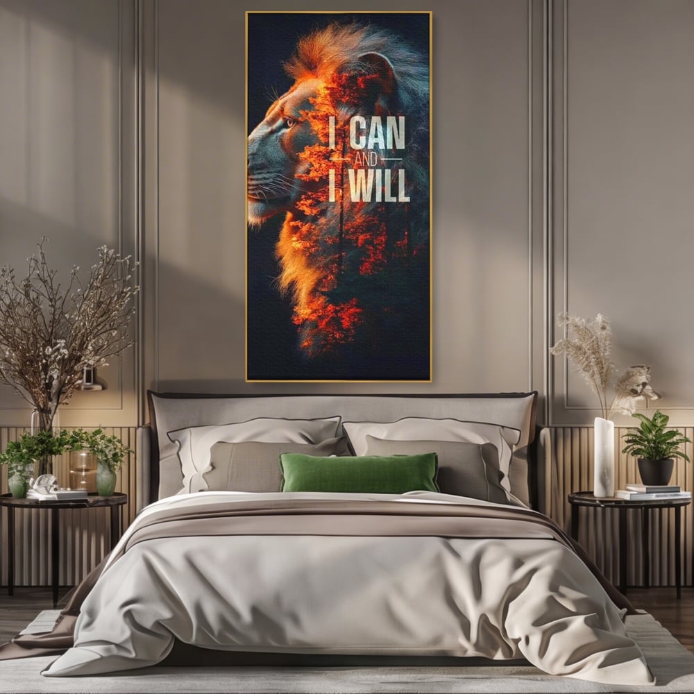 Tablou canvas cu tablou canvas cu leu si padure aprinsa, in rama de aluminiu auriu, pe perete intr-un dormitor