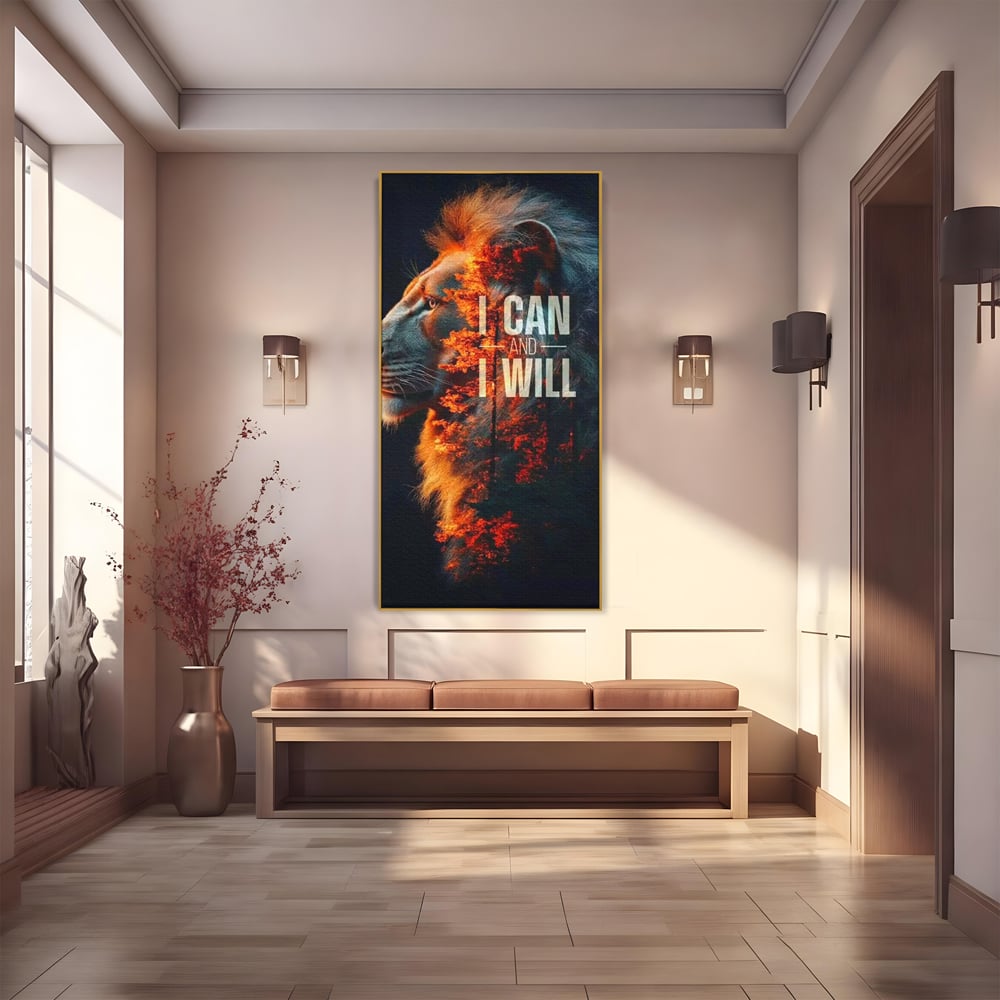Tablou canvas cu tablou canvas cu leu si padure aprinsa, in rama de aluminiu auriu