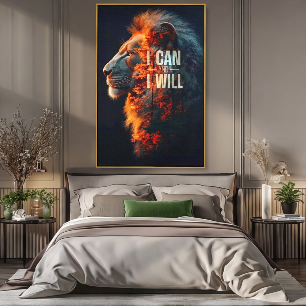 Tablou canvas cu tablou canvas cu leu si padure aprinsa, in rama de aluminiu auriu, pe perete intr-un dormitor