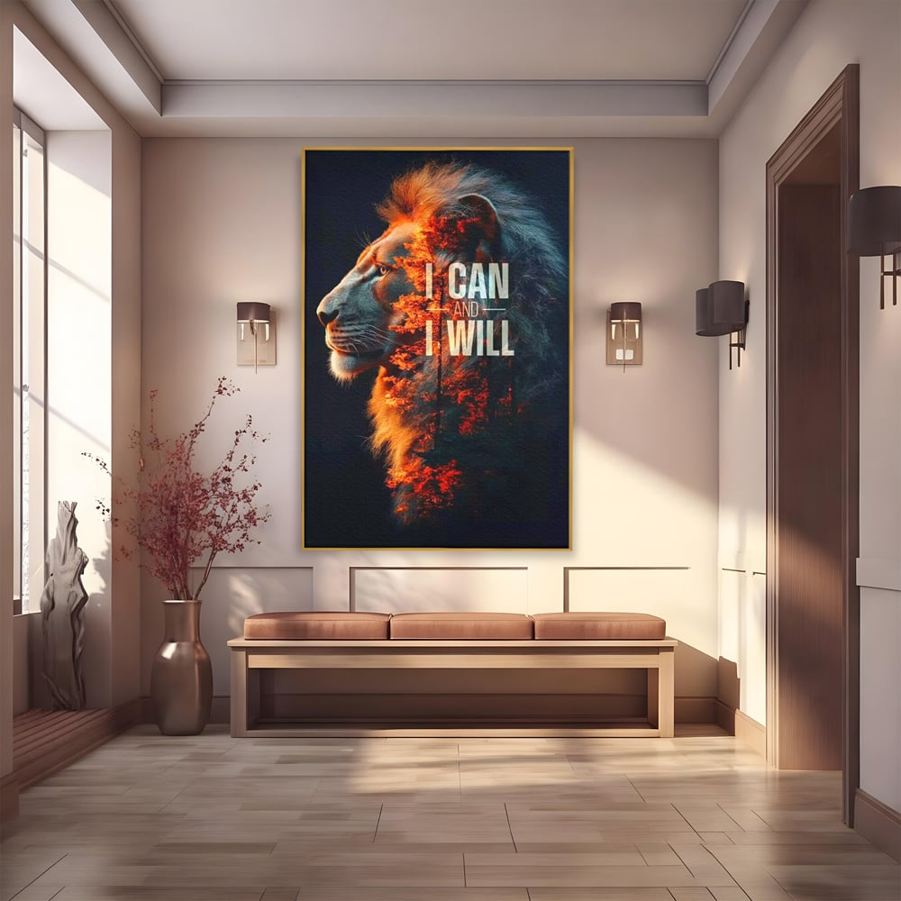 Tablou canvas cu tablou canvas cu leu si padure aprinsa, in rama de aluminiu auriu