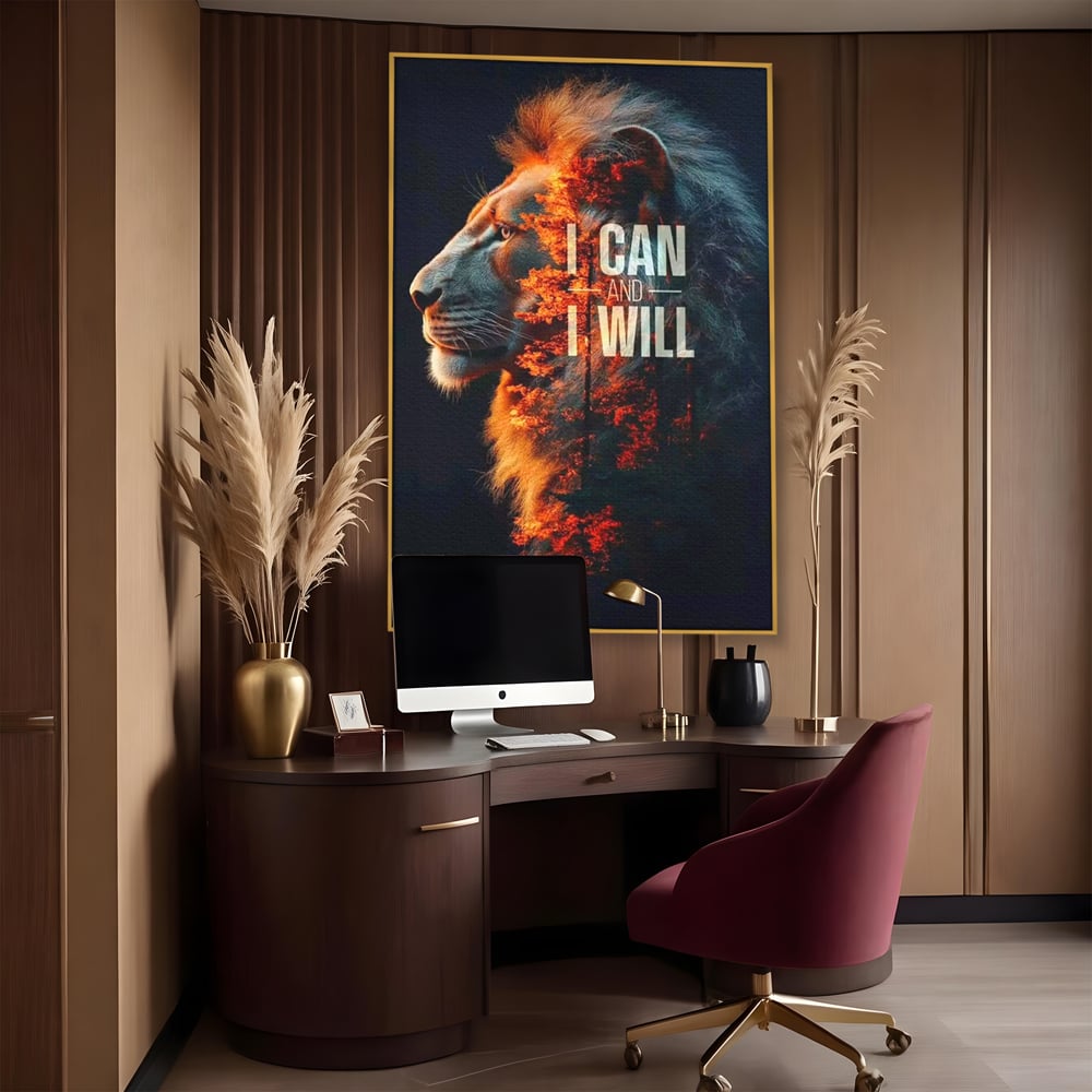 Tablou canvas cu tablou canvas cu leu si padure aprinsa, in rama de aluminiu auriu, pe perete intr-un birou