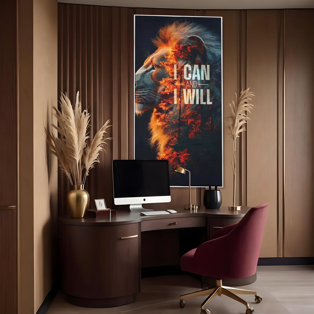 Tablou canvas cu tablou canvas cu leu si padure aprinsa, in rama de aluminiu argintiu, pe perete intr-un birou