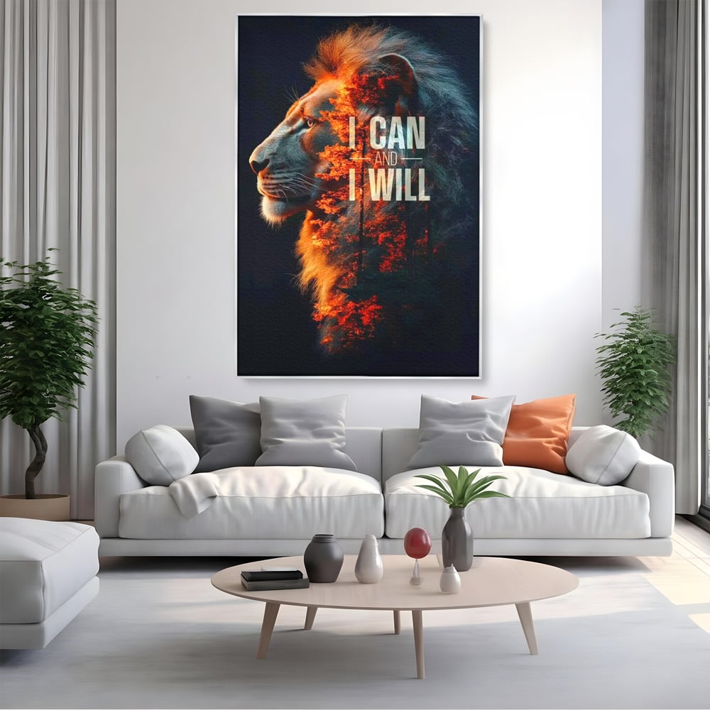 Tablou canvas cu tablou canvas cu leu si padure aprinsa, in rama de aluminiu argintiu, pe perete intr-un living