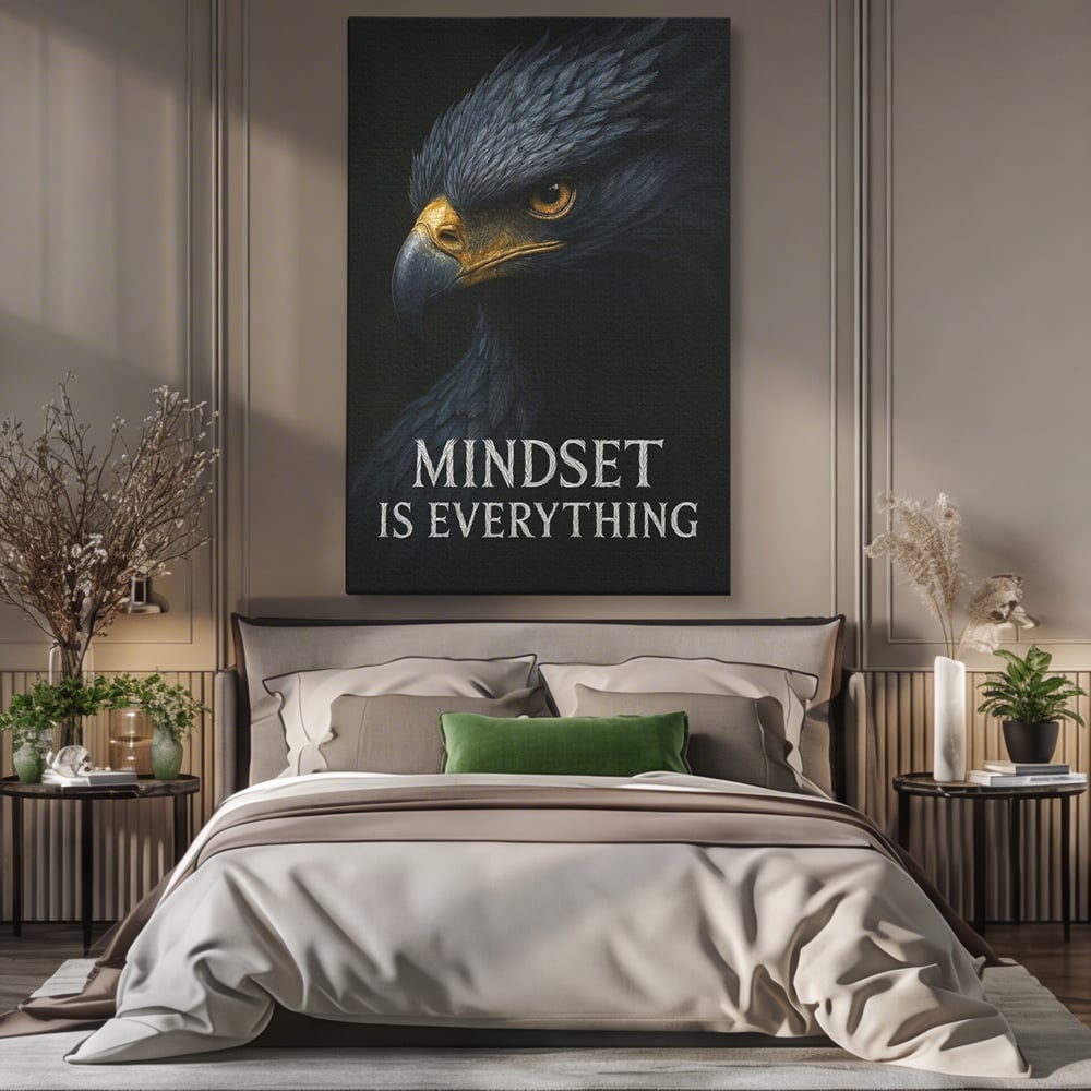 Tablou canvas cu tablou canvas cu vultur si mesaj, fara rama, pe sasiu de lemn, pe perete intr-un dormitor