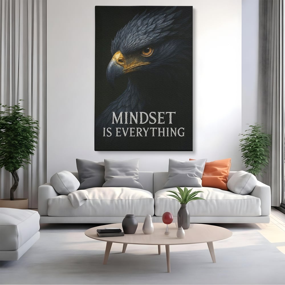 Tablou canvas cu tablou canvas cu vultur si mesaj, fara rama, pe sasiu de lemn, pe perete intr-un living