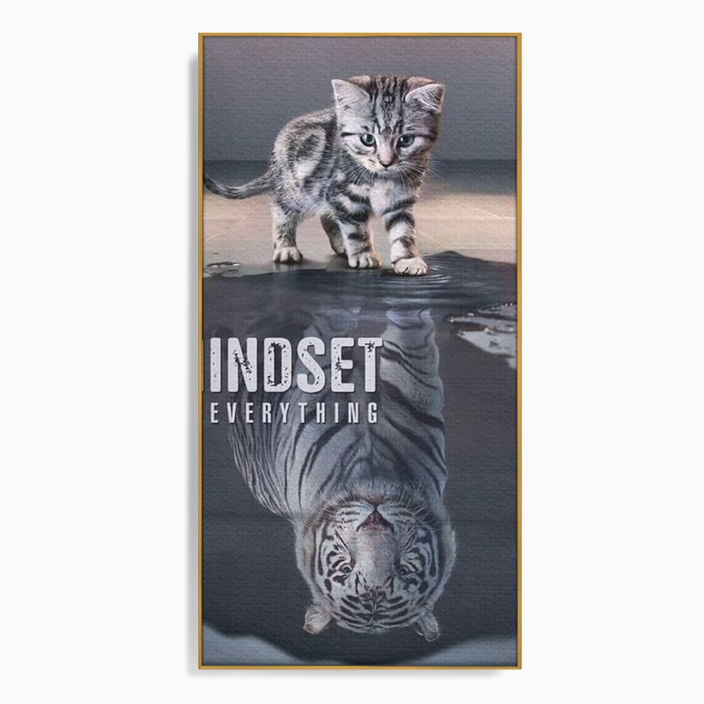 Tablou canvas cu tablou canvas cu pisoi si reflexie de tigru, in rama de aluminiu auriu