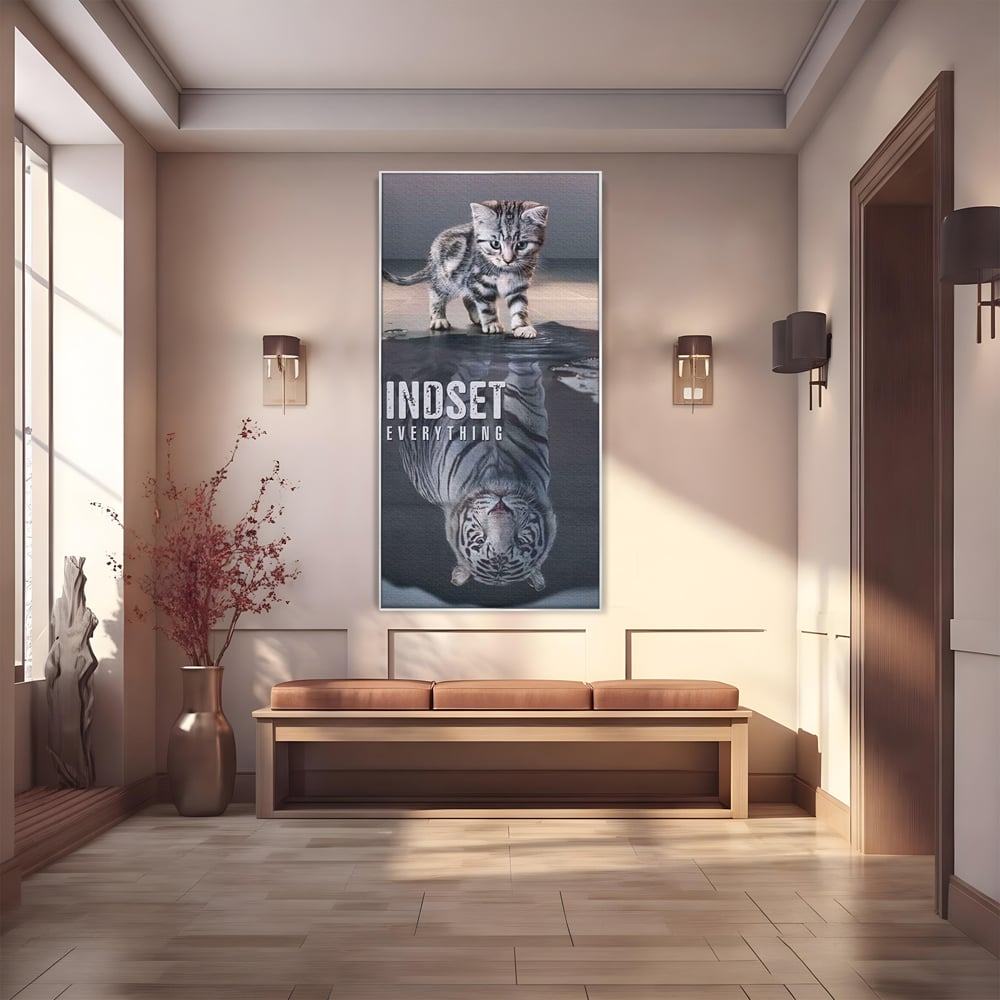 Tablou canvas cu tablou canvas cu pisoi si reflexie de tigru, in rama de aluminiu argintiu