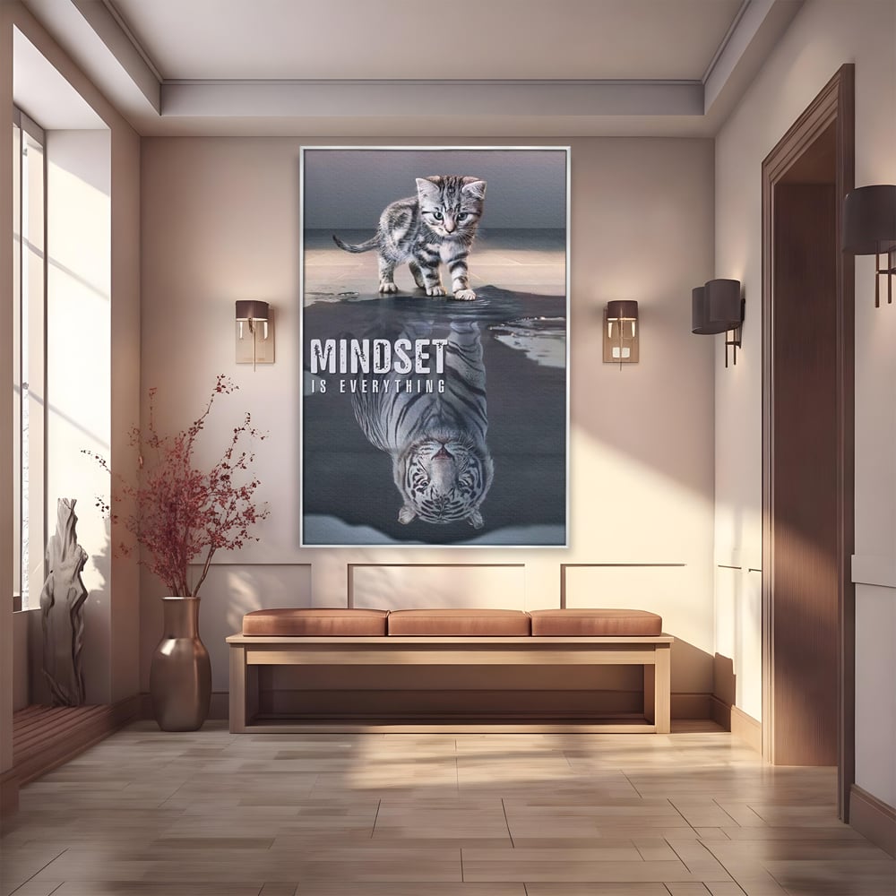 Tablou canvas cu tablou canvas cu pisoi si reflexie de tigru, in rama de aluminiu argintiu
