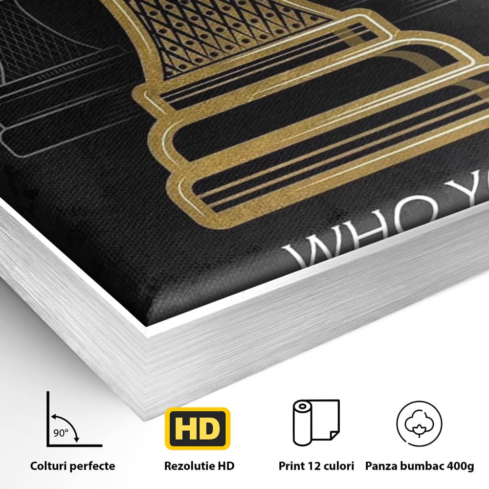 Detaliu al suprafetei: tablou canvas cu rege de sah, in rama de aluminiu argintiu