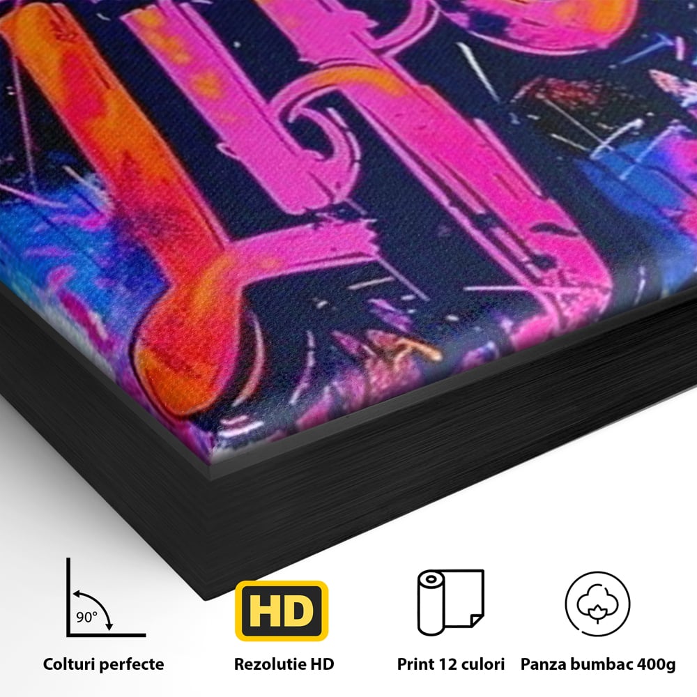 Detaliu al suprafetei: tablou canvas cu graffiti urban iubeste viata, in rama de aluminiu negru