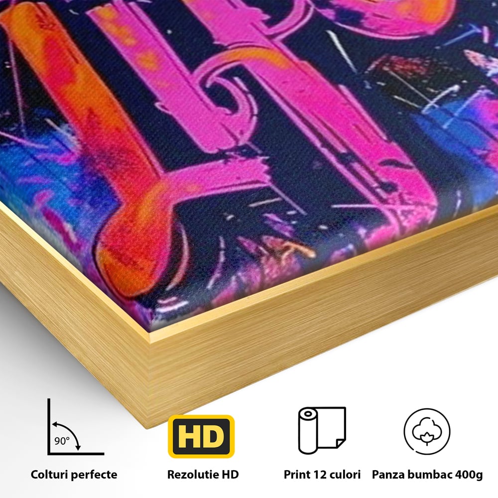 Detaliu al suprafetei: tablou canvas cu graffiti urban iubeste viata, in rama de aluminiu auriu