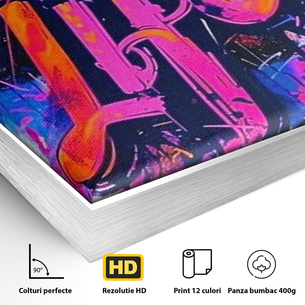 Detaliu al suprafetei: tablou canvas cu graffiti urban iubeste viata, in rama de aluminiu argintiu