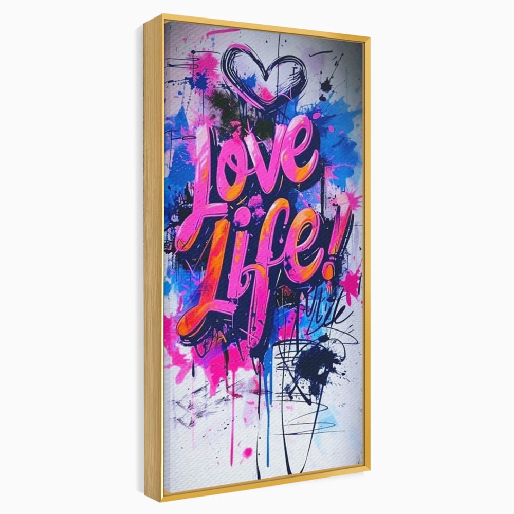 Tablou canvas cu tablou canvas cu graffiti urban iubeste viata, in rama de aluminiu auriu