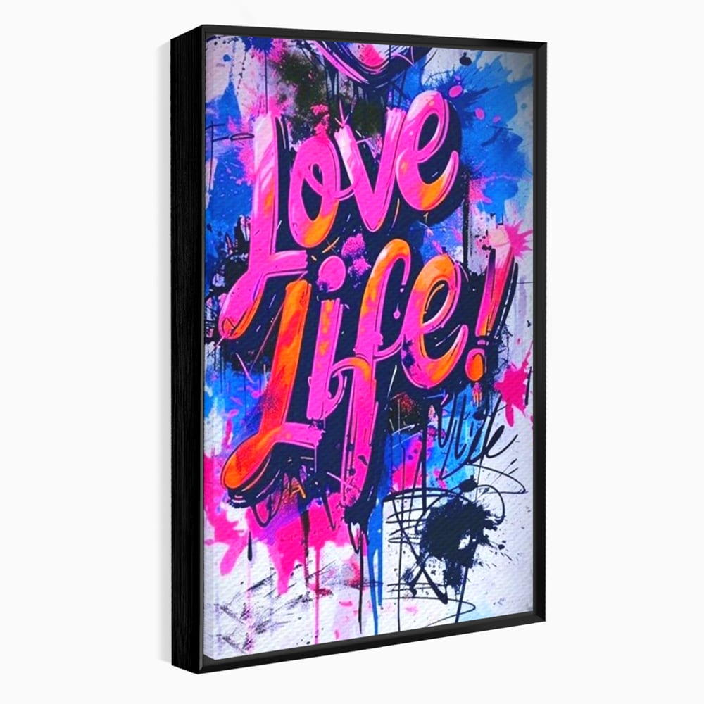 Tablou canvas cu tablou canvas cu graffiti urban iubeste viata, in rama de aluminiu negru