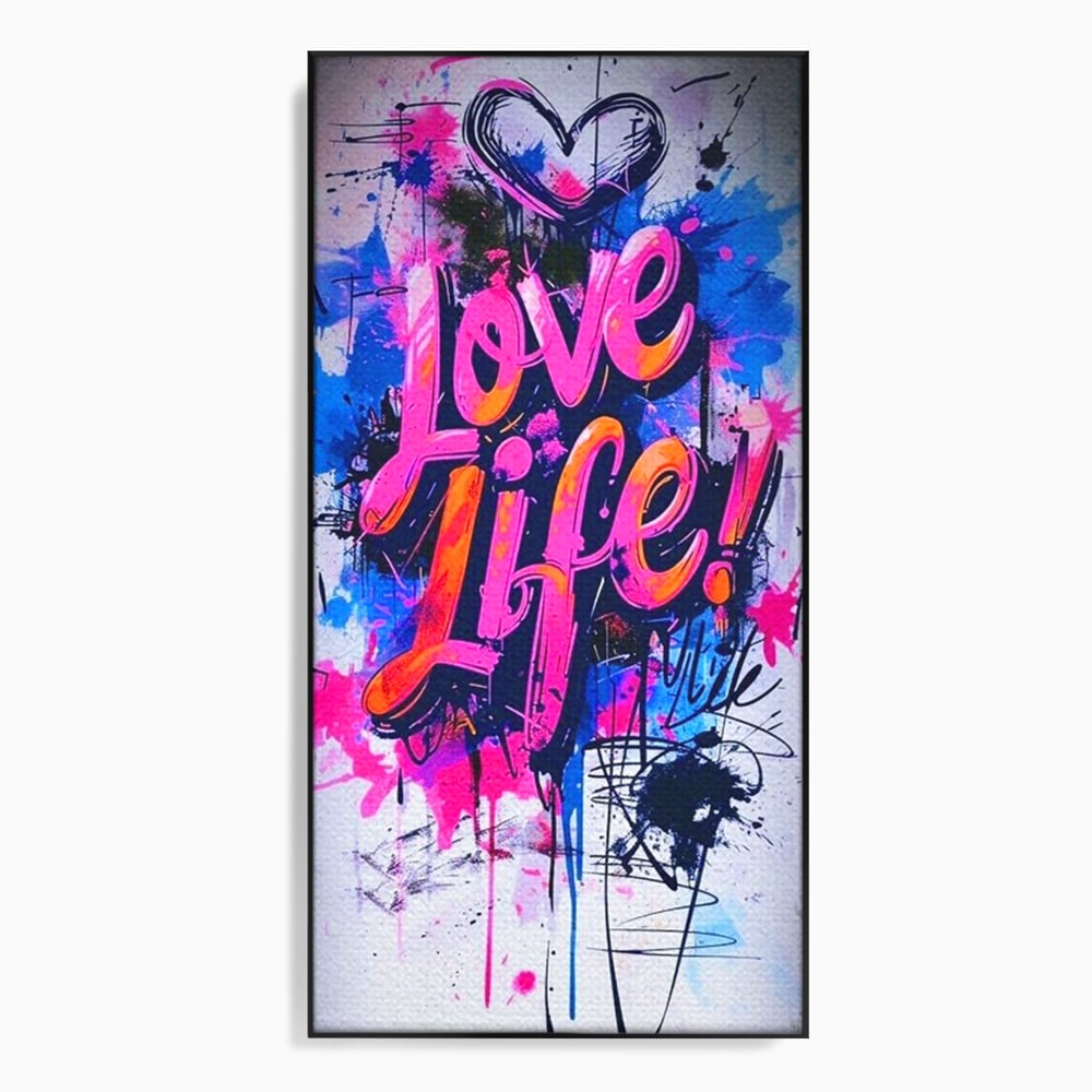 Tablou canvas cu tablou canvas cu graffiti urban iubeste viata, in rama de aluminiu negru