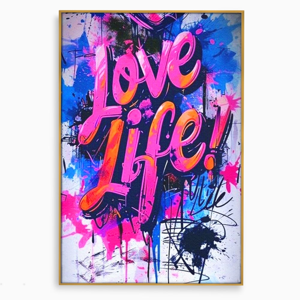 Tablou canvas cu tablou canvas cu graffiti urban iubeste viata, in rama de aluminiu auriu