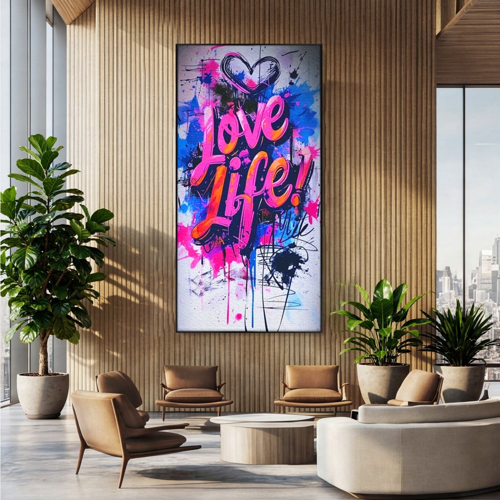 Tablou canvas cu tablou canvas cu graffiti urban iubeste viata, in rama de aluminiu negru, pe perete intr-un birou