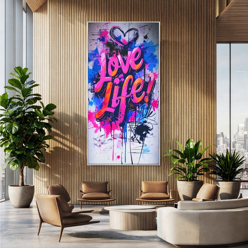 Tablou canvas cu tablou canvas cu graffiti urban iubeste viata, in rama de aluminiu argintiu, pe perete intr-un birou