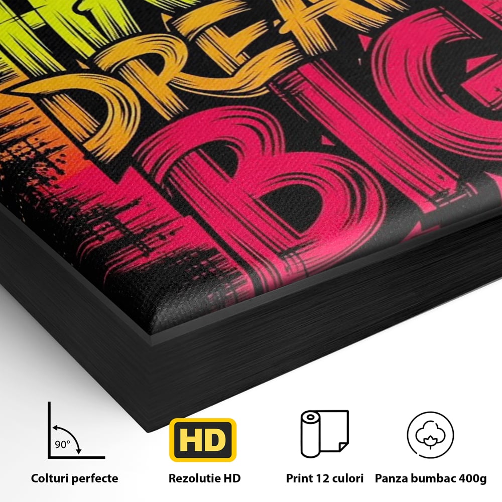 Detaliu al suprafetei: tablou canvas motivational cu text grafic, in rama de aluminiu negru