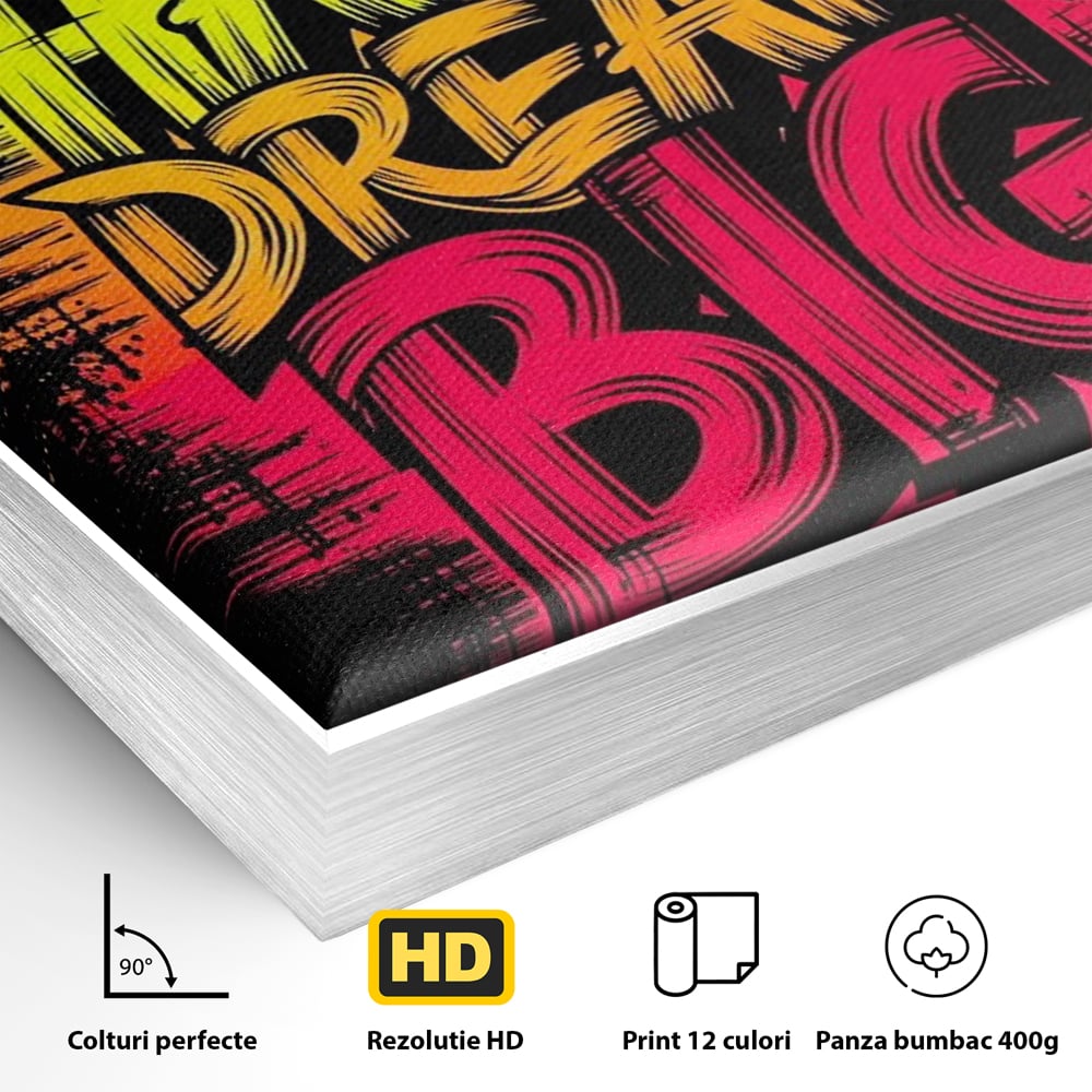 Detaliu al suprafetei: tablou canvas motivational cu text grafic, in rama de aluminiu argintiu