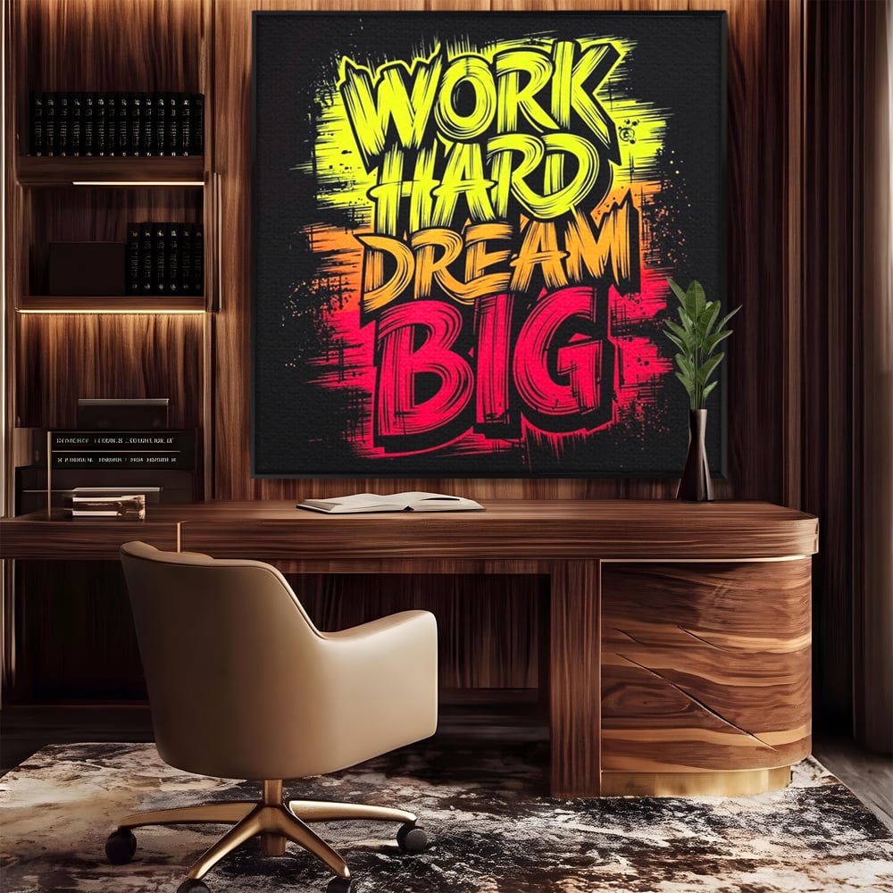 Tablou canvas cu tablou canvas motivational cu text grafic, in rama de aluminiu negru, pe perete intr-un birou