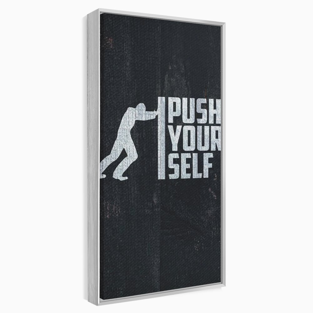 Tablou canvas cu ilustratie motivationala cu silueta care impinge un zid, in rama de aluminiu argintiu