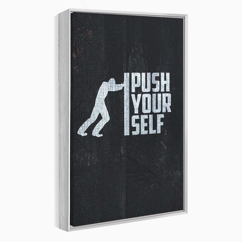 Tablou canvas cu ilustratie motivationala cu silueta care impinge un zid, in rama de aluminiu argintiu