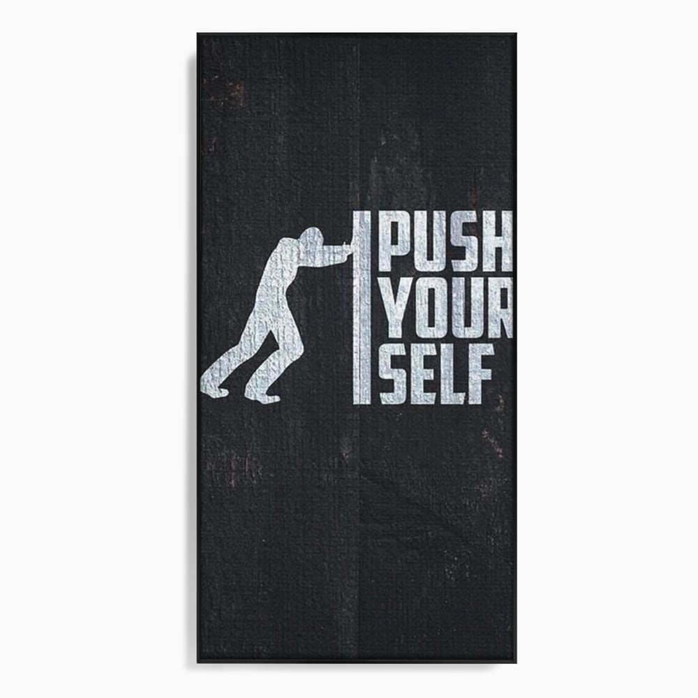 Tablou canvas cu ilustratie motivationala cu silueta care impinge un zid, in rama de aluminiu negru