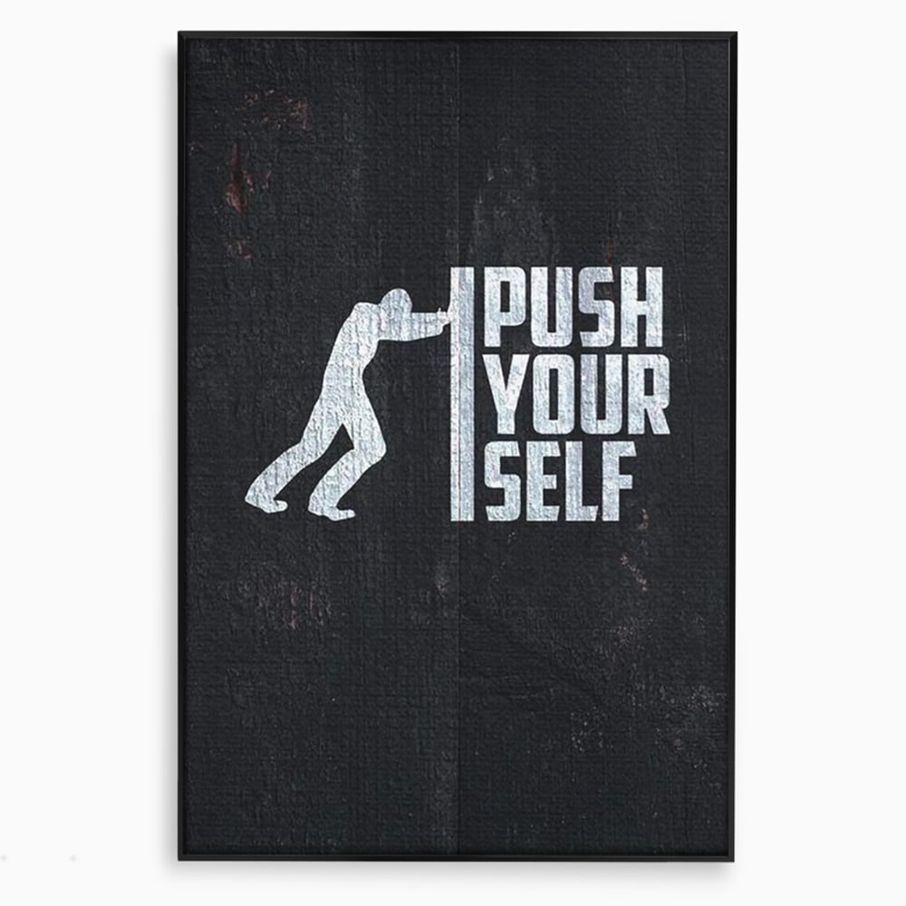 Tablou canvas cu ilustratie motivationala cu silueta care impinge un zid, in rama de aluminiu negru
