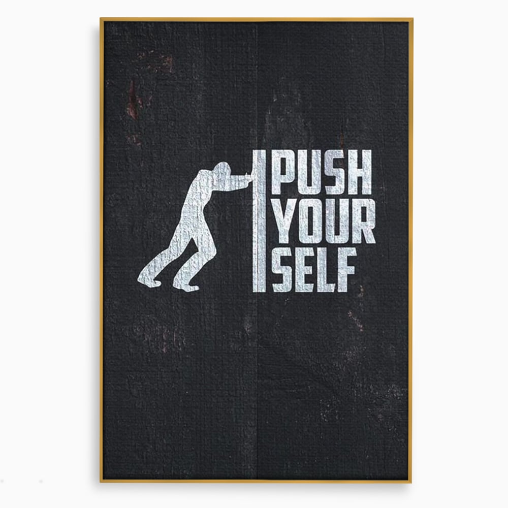 Tablou canvas cu ilustratie motivationala cu silueta care impinge un zid, in rama de aluminiu auriu
