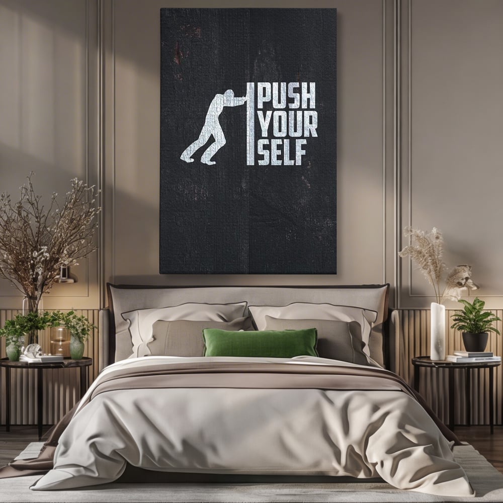 Tablou canvas cu ilustratie motivationala cu silueta care impinge un zid, fara rama, pe sasiu de lemn, pe perete intr-un dormitor