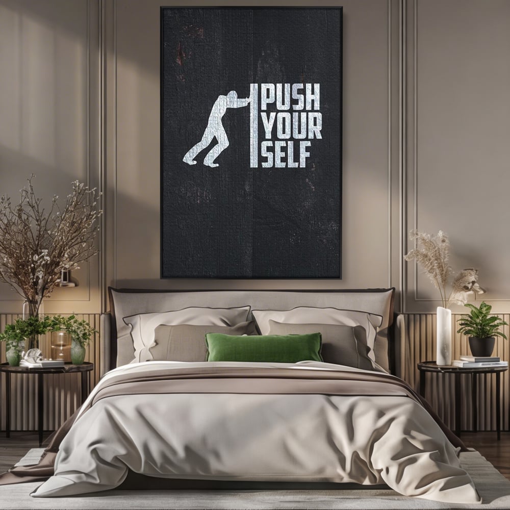 Tablou canvas cu ilustratie motivationala cu silueta care impinge un zid, in rama de aluminiu negru, pe perete intr-un dormitor