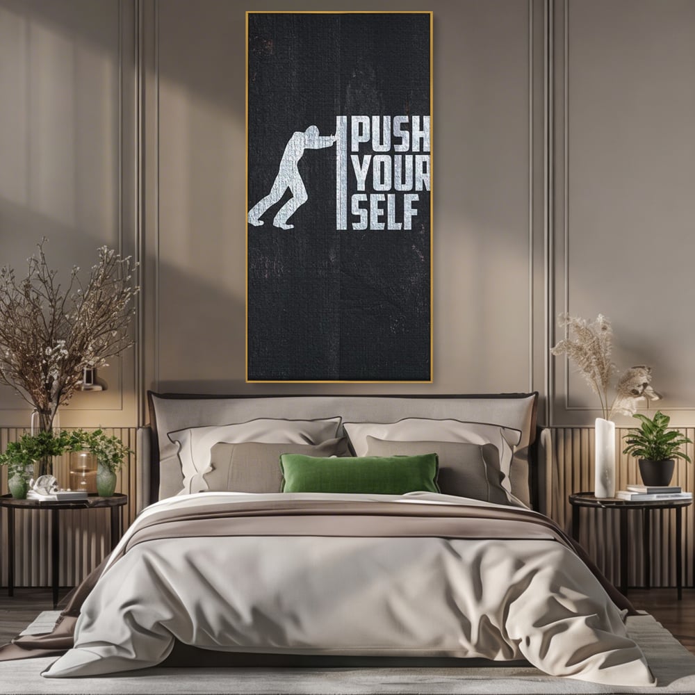 Tablou canvas cu ilustratie motivationala cu silueta care impinge un zid, in rama de aluminiu auriu, pe perete intr-un dormitor