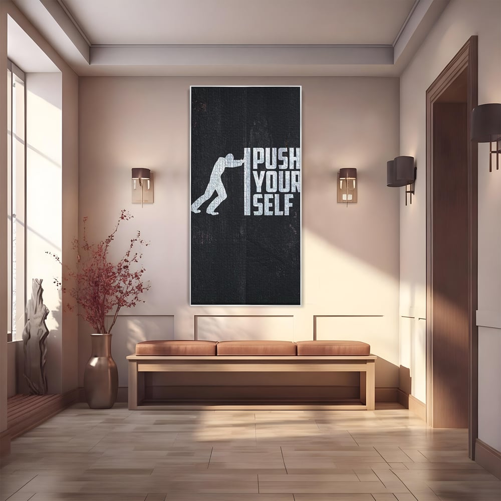 Tablou canvas cu ilustratie motivationala cu silueta care impinge un zid, in rama de aluminiu argintiu