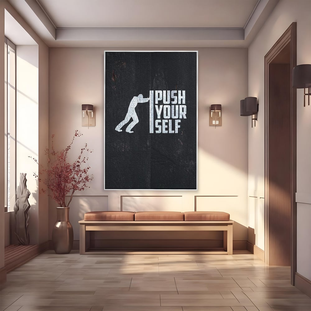 Tablou canvas cu ilustratie motivationala cu silueta care impinge un zid, in rama de aluminiu argintiu