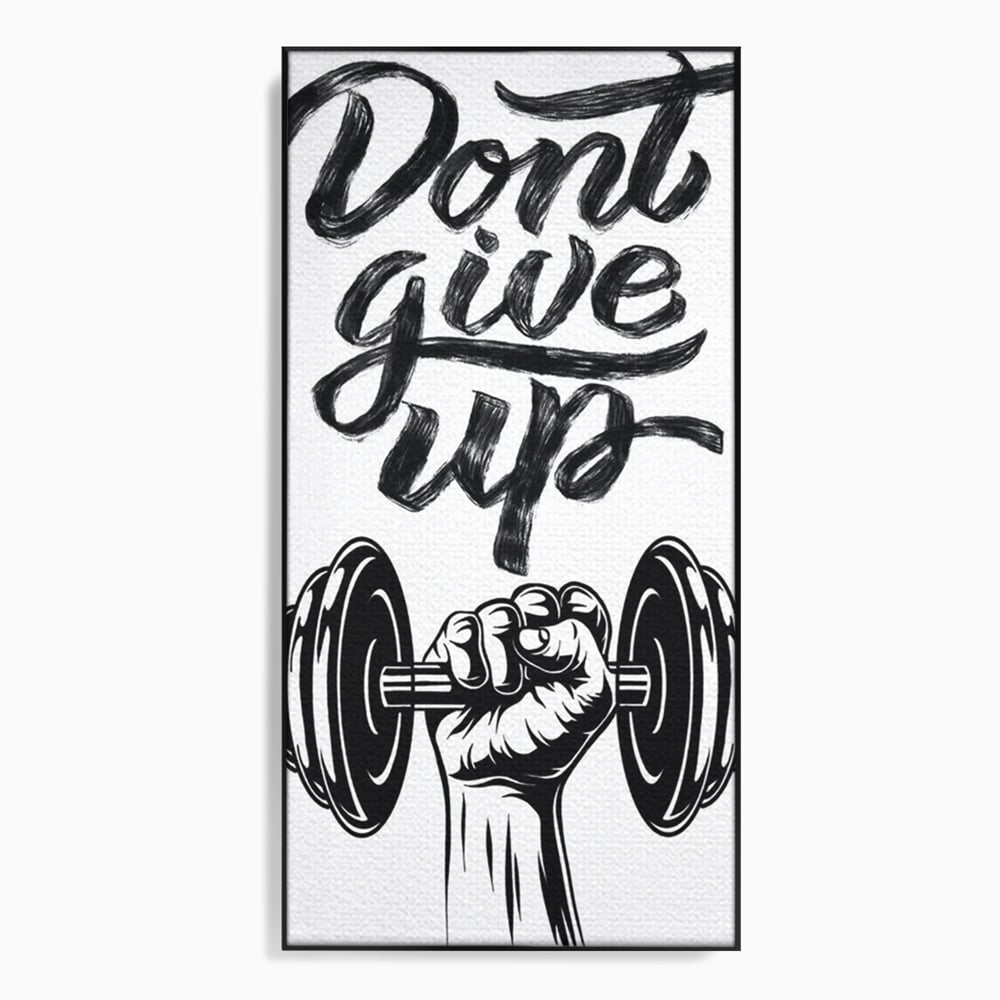 Tablou canvas cu ilustratie motivationala cu halterofil si mesaj, in rama de aluminiu negru
