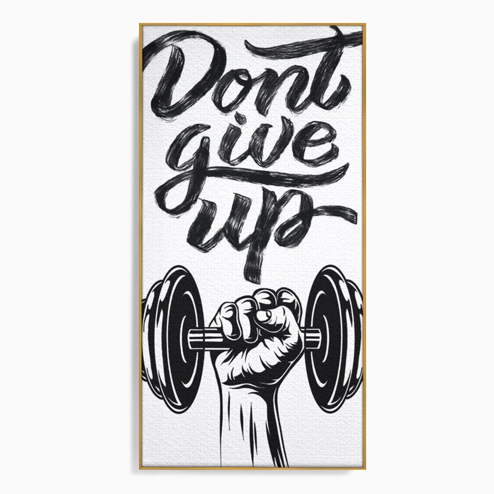 Tablou canvas cu ilustratie motivationala cu halterofil si mesaj, in rama de aluminiu auriu