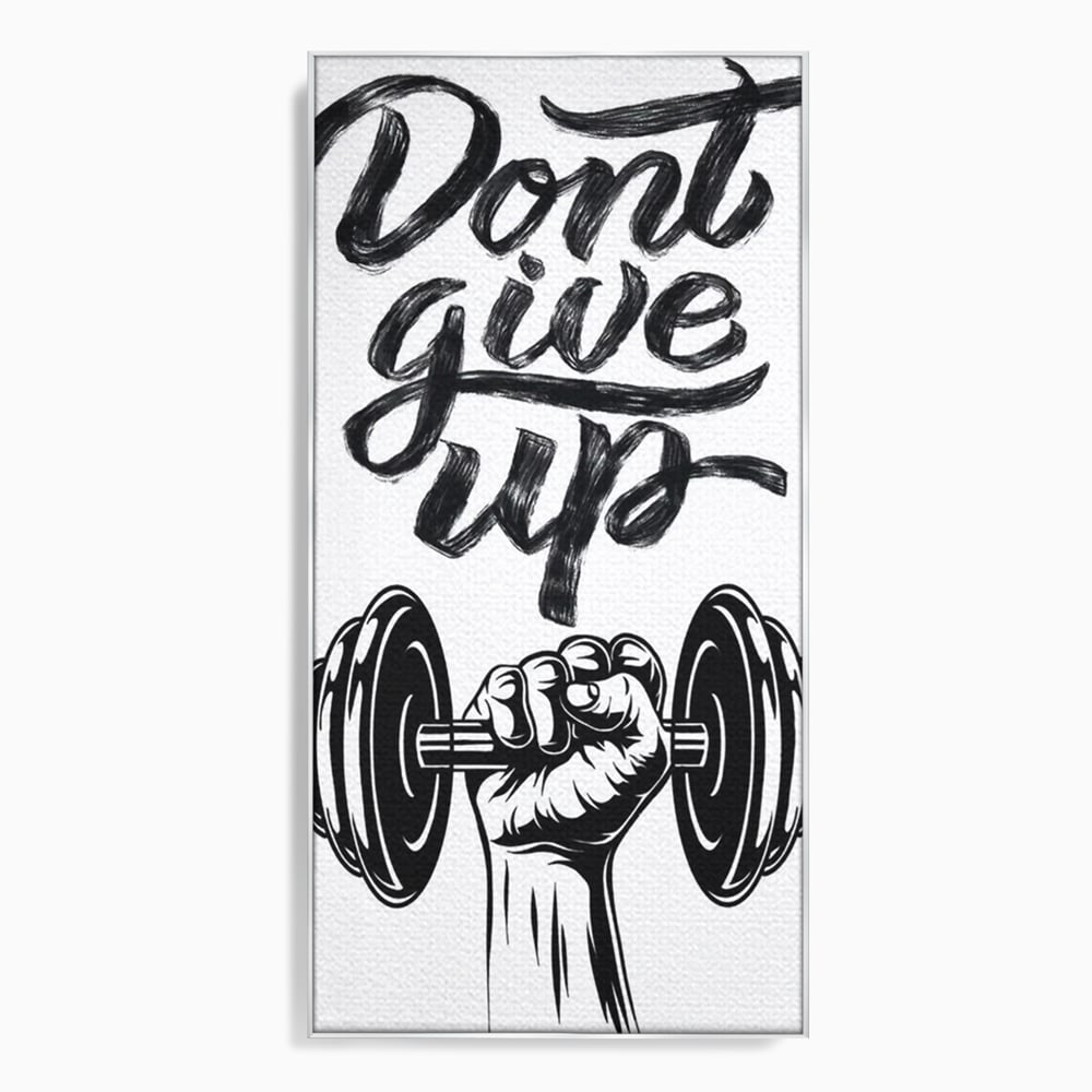 Tablou canvas cu ilustratie motivationala cu halterofil si mesaj, in rama de aluminiu argintiu