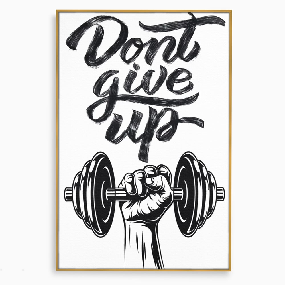Tablou canvas cu ilustratie motivationala cu halterofil si mesaj, in rama de aluminiu auriu