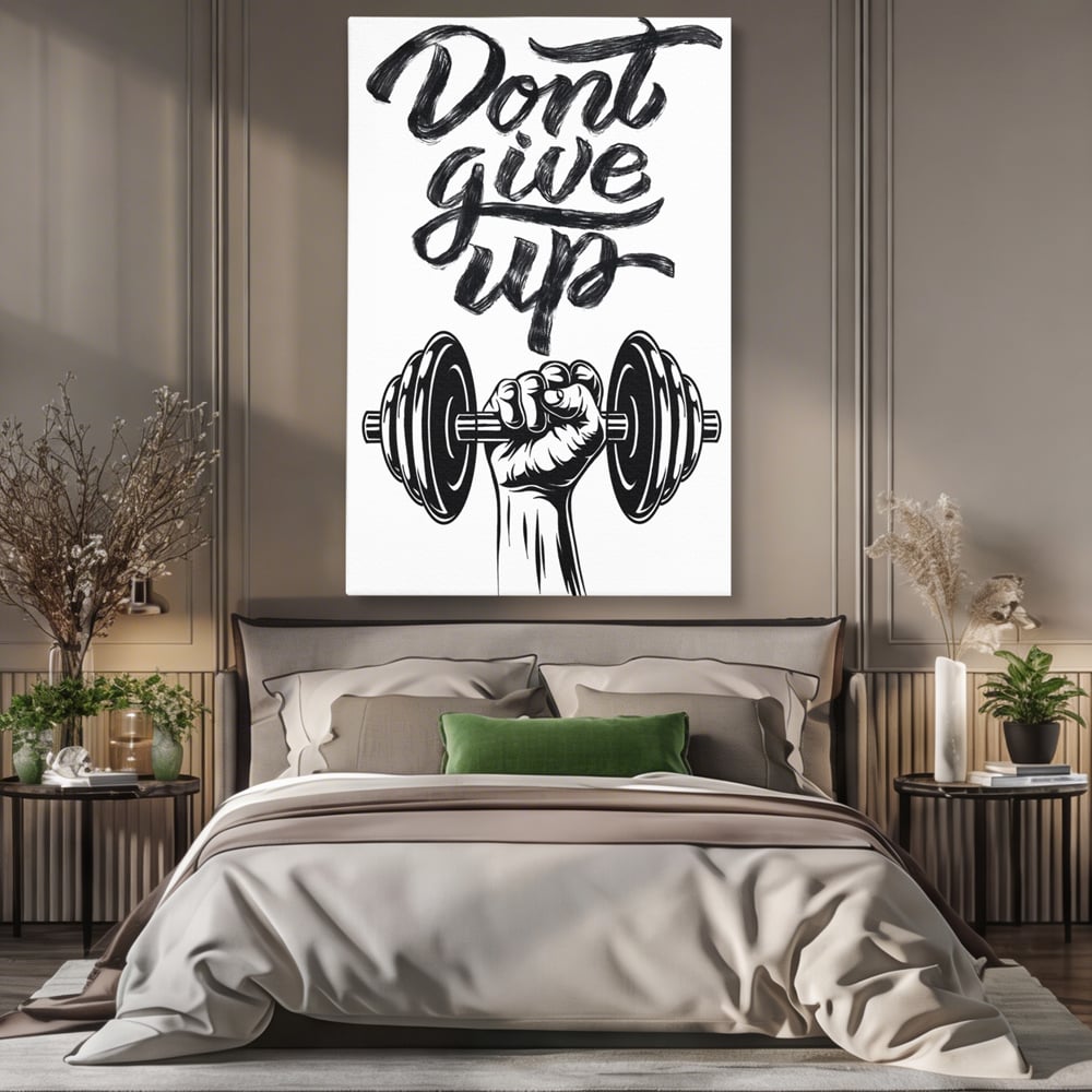 Tablou canvas cu ilustratie motivationala cu halterofil si mesaj, fara rama, pe sasiu de lemn, pe perete intr-un dormitor