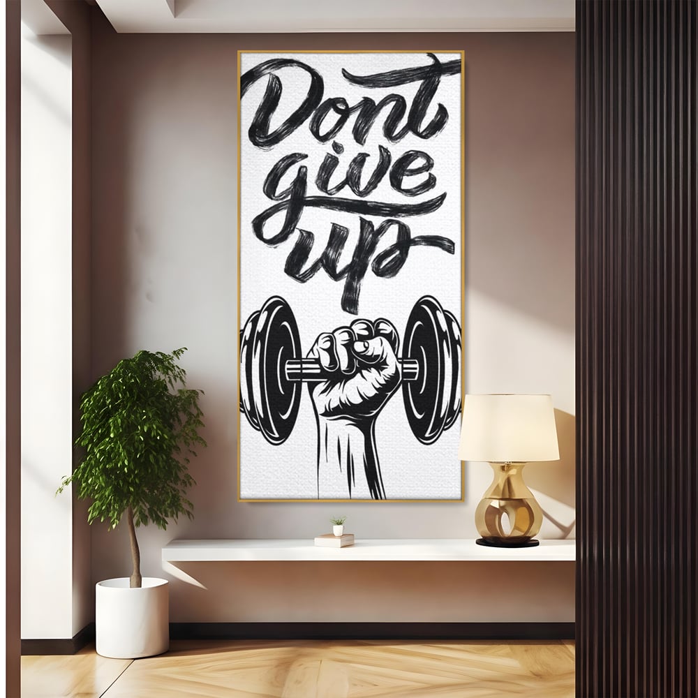 Tablou canvas cu ilustratie motivationala cu halterofil si mesaj, in rama de aluminiu auriu