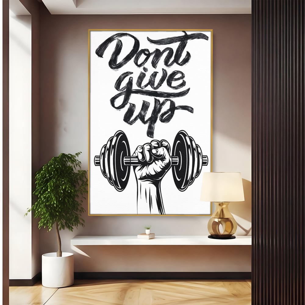 Tablou canvas cu ilustratie motivationala cu halterofil si mesaj, in rama de aluminiu auriu