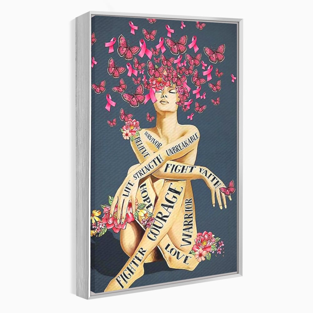 Tablou canvas cu tablou canvas cu portret de femeie si flori, in rama de aluminiu argintiu