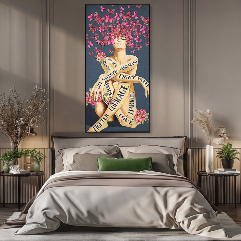 Tablou canvas cu tablou canvas cu portret de femeie si flori, in rama de aluminiu negru, pe perete intr-un dormitor