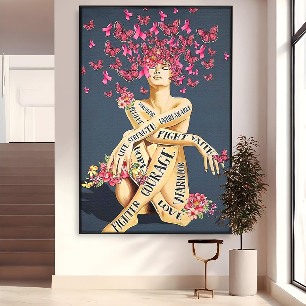 Tablou canvas cu tablou canvas cu portret de femeie si flori, in rama de aluminiu negru