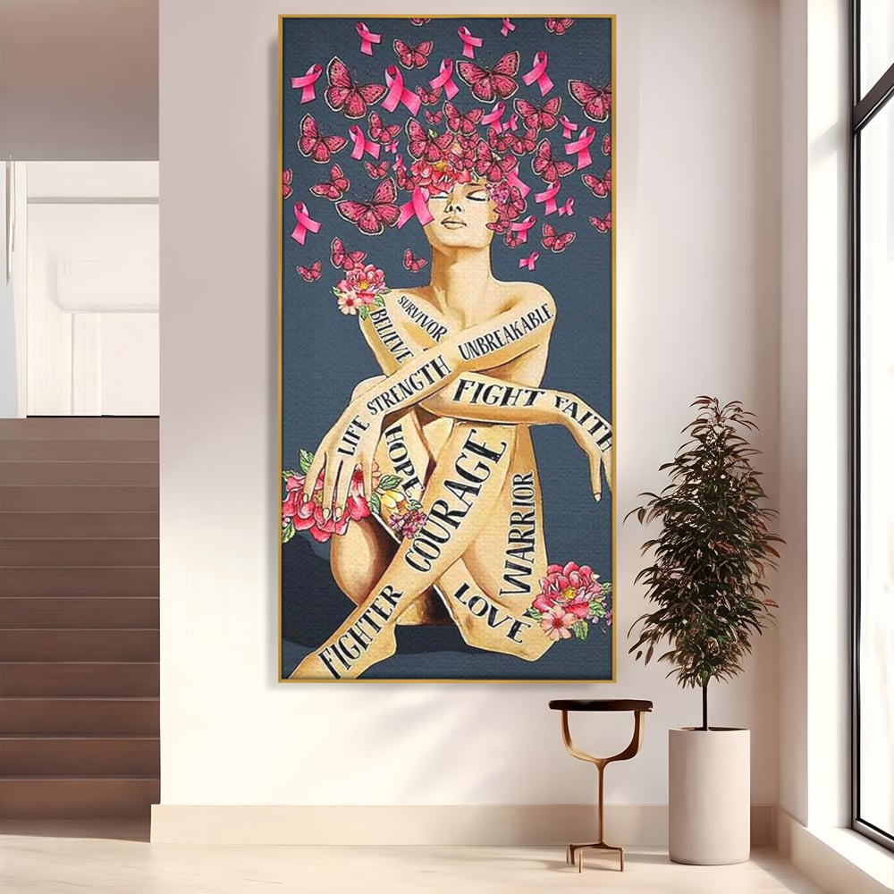 Tablou canvas cu tablou canvas cu portret de femeie si flori, in rama de aluminiu auriu